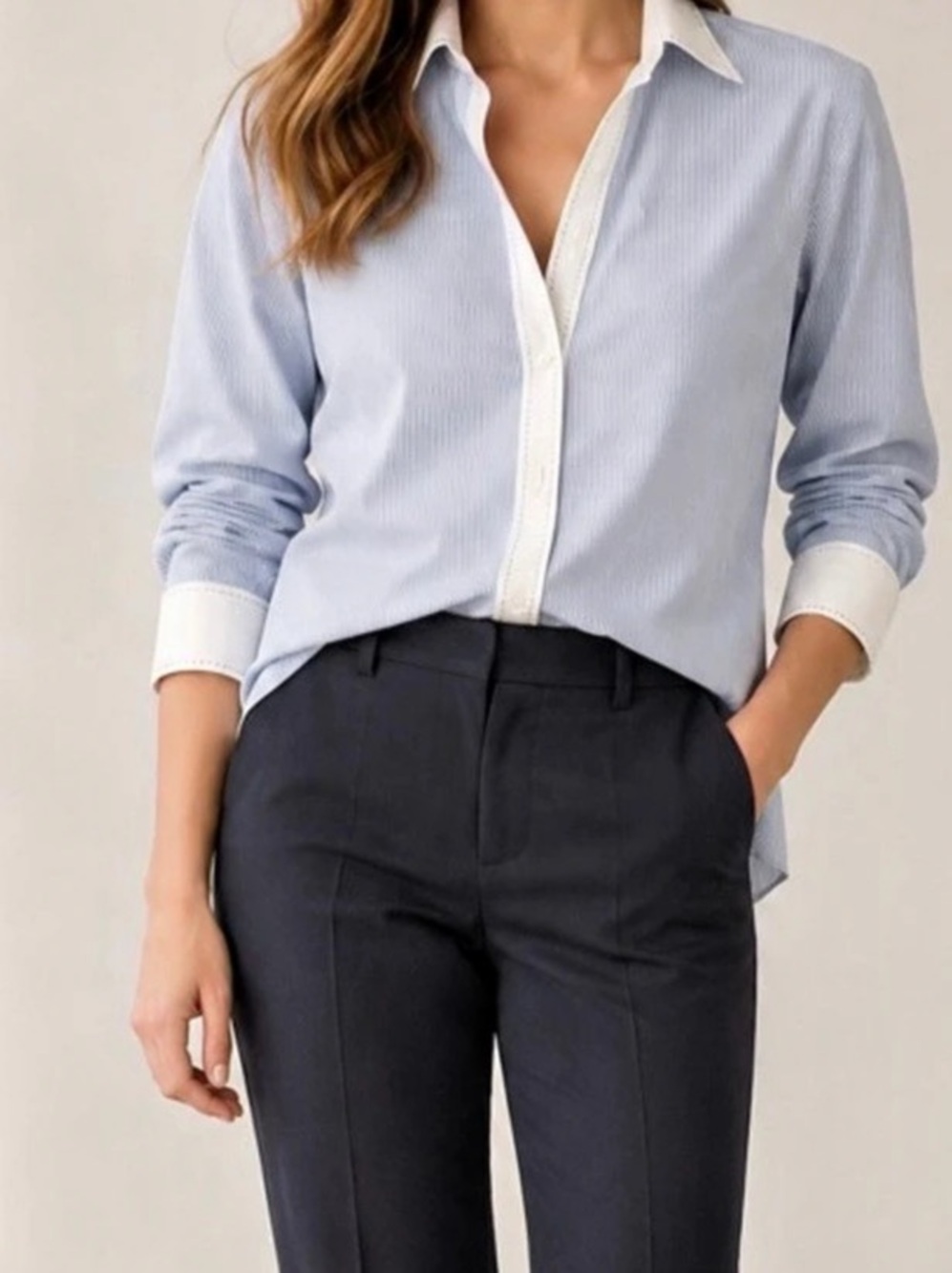 Brooks Brothers Fitted Non-Iron Stripe Contrast-Collar Shirt, Blue & White, Size
